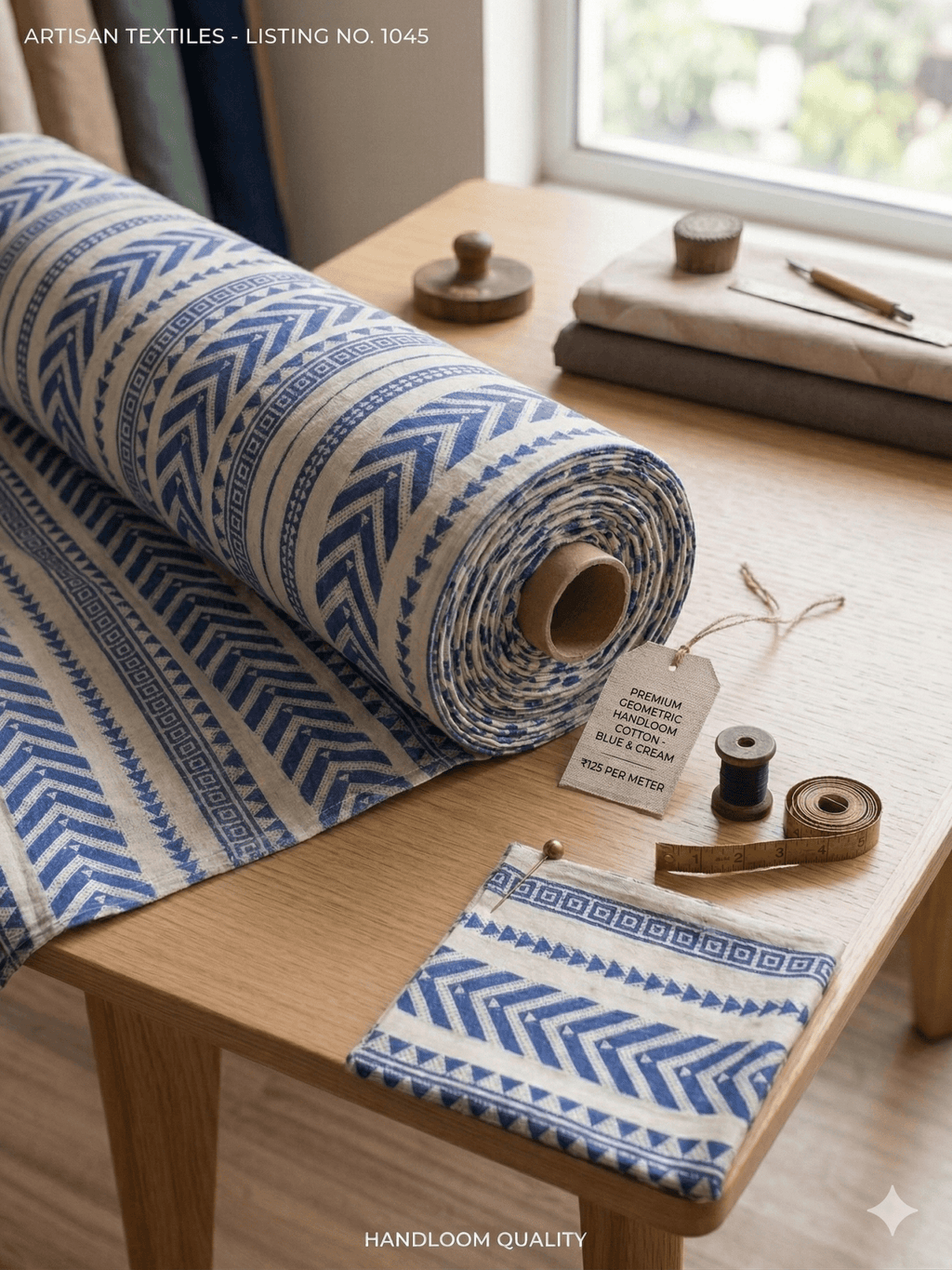 Premium Blue Geometric Chevron Cotton Fabric M02 – 48" Width | Ethnic Handloom Style (Sold by Meter)
