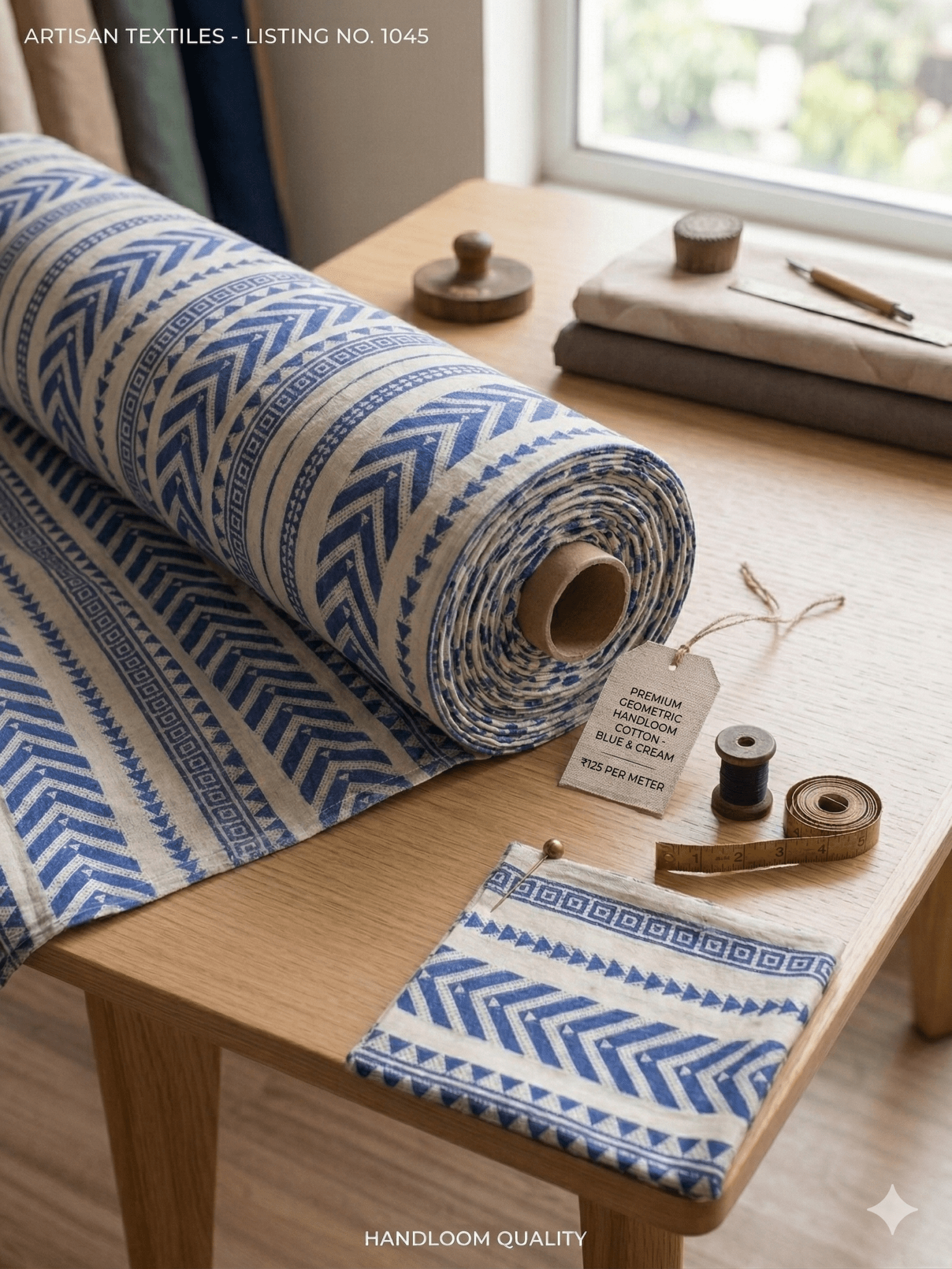 Premium Blue Geometric Chevron Cotton Fabric M02 – 48" Width | Ethnic Handloom Style (Sold by Meter)