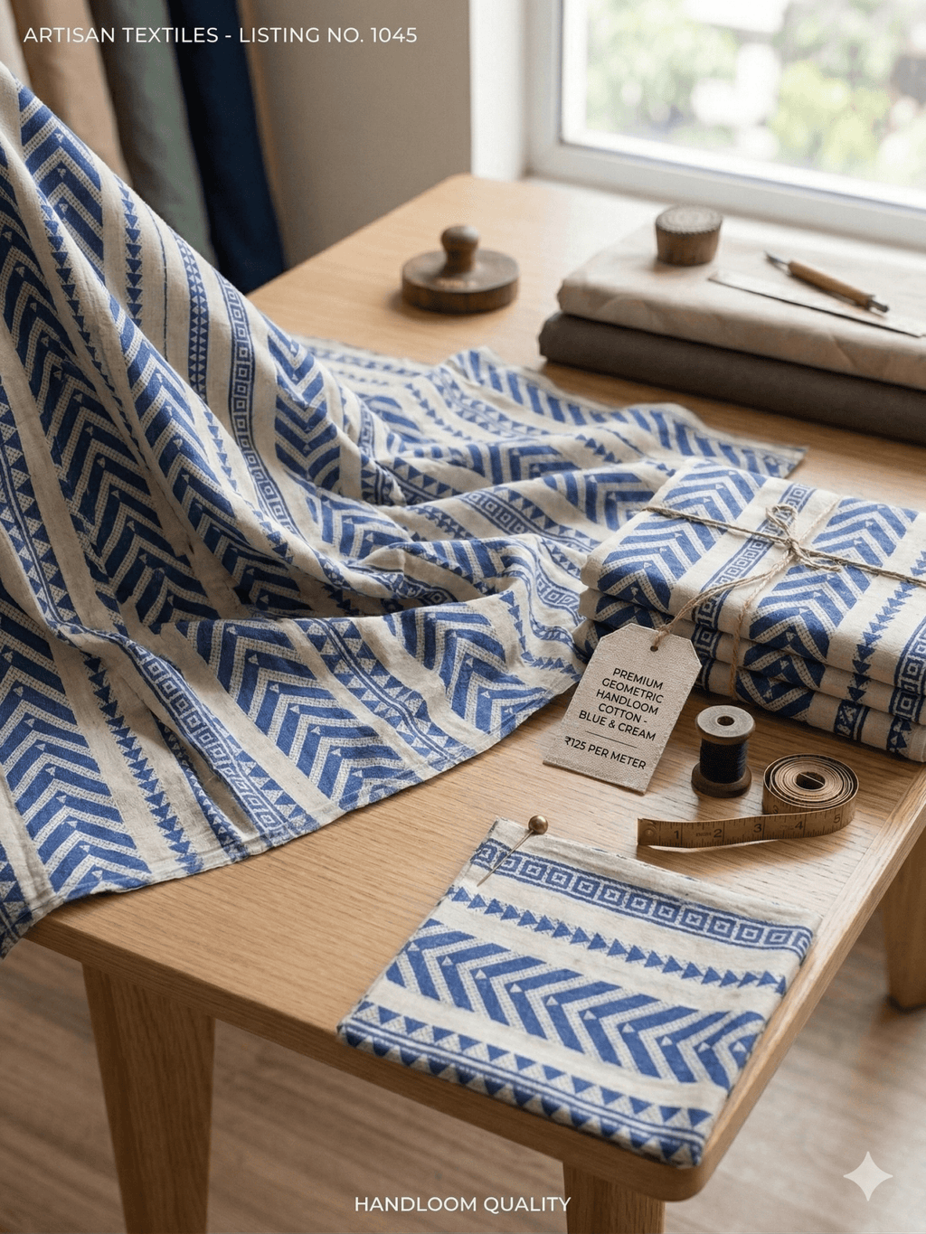 Premium Blue Geometric Chevron Cotton Fabric M02 – 48" Width | Ethnic Handloom Style (Sold by Meter)