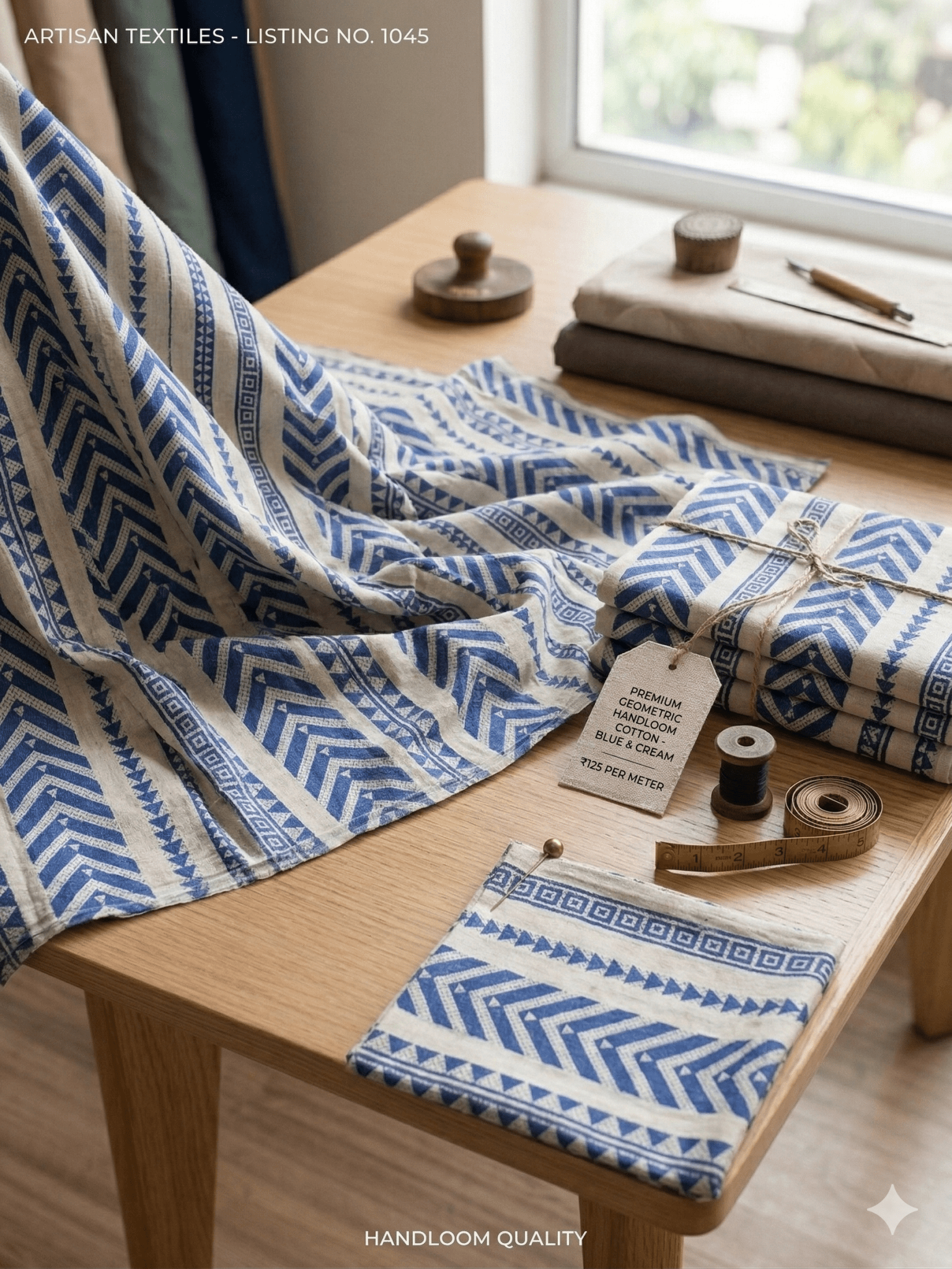 Premium Blue Geometric Chevron Cotton Fabric M02 – 48" Width | Ethnic Handloom Style (Sold by Meter)
