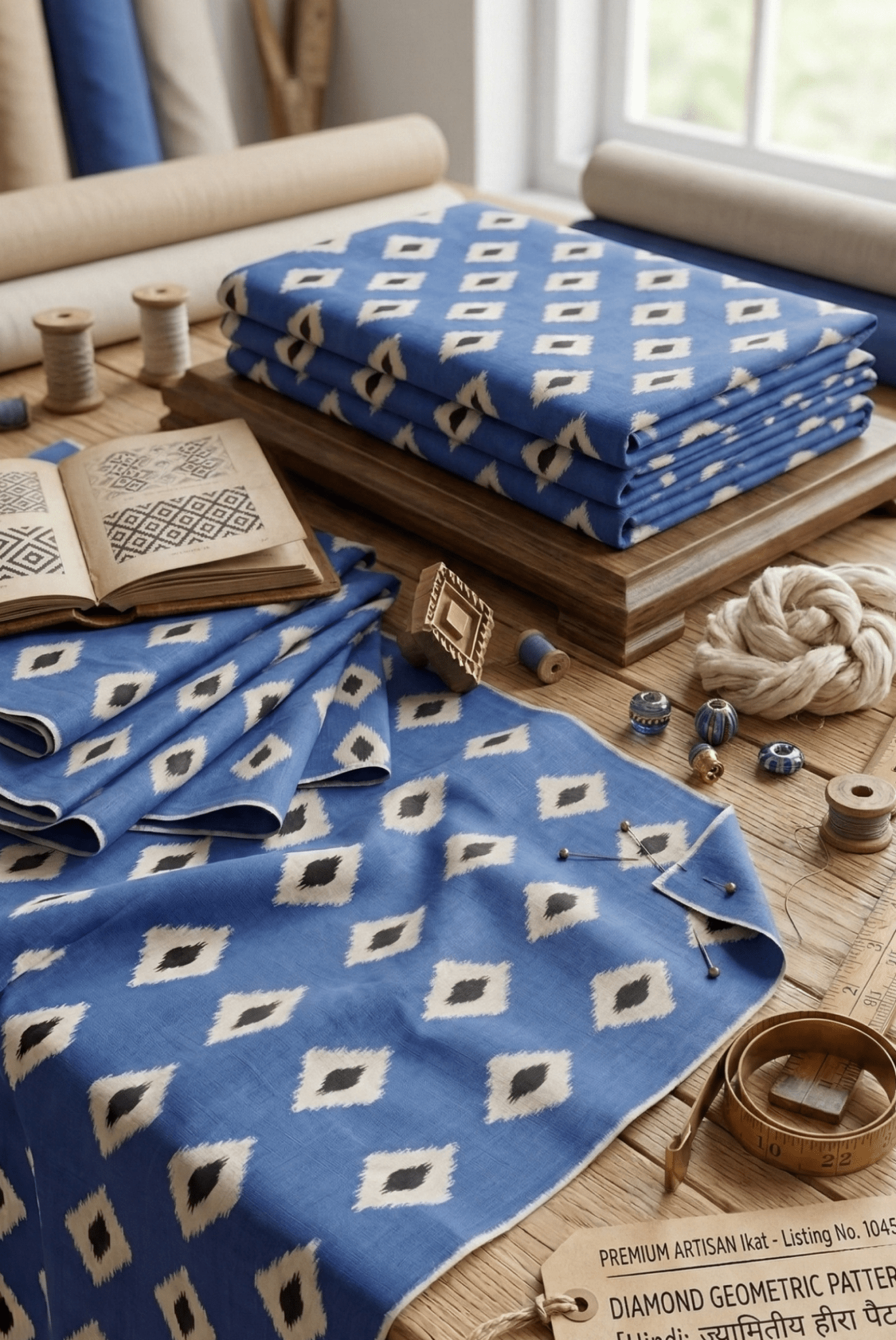 Premium Blue & White Diamond Ikat Cotton Fabric M03 – 54" Width | Artisan Crafted (Sold by Meter)