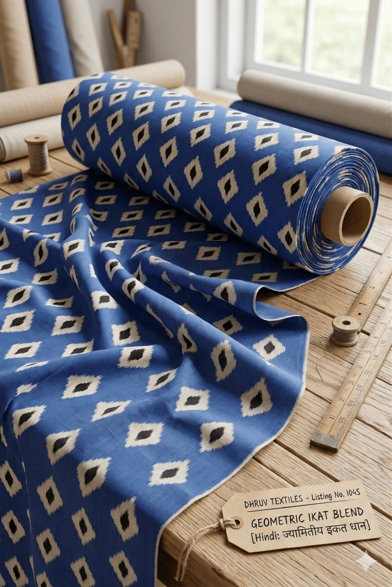 Premium Blue & White Diamond Ikat Cotton Fabric M03 – 54" Width | Artisan Crafted (Sold by Meter)