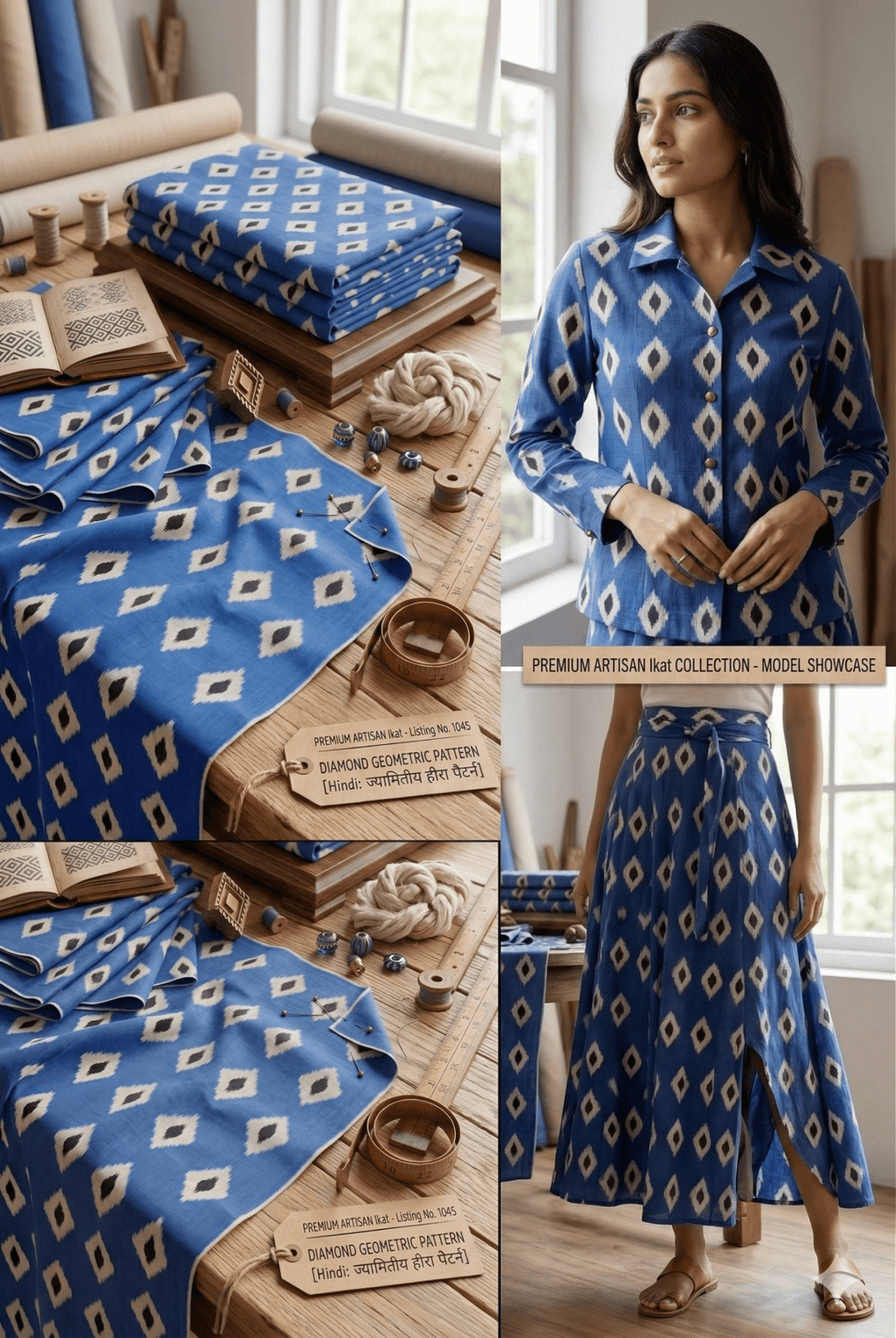 Premium Blue & White Diamond Ikat Cotton Fabric M03 – 54" Width | Artisan Crafted (Sold by Meter)