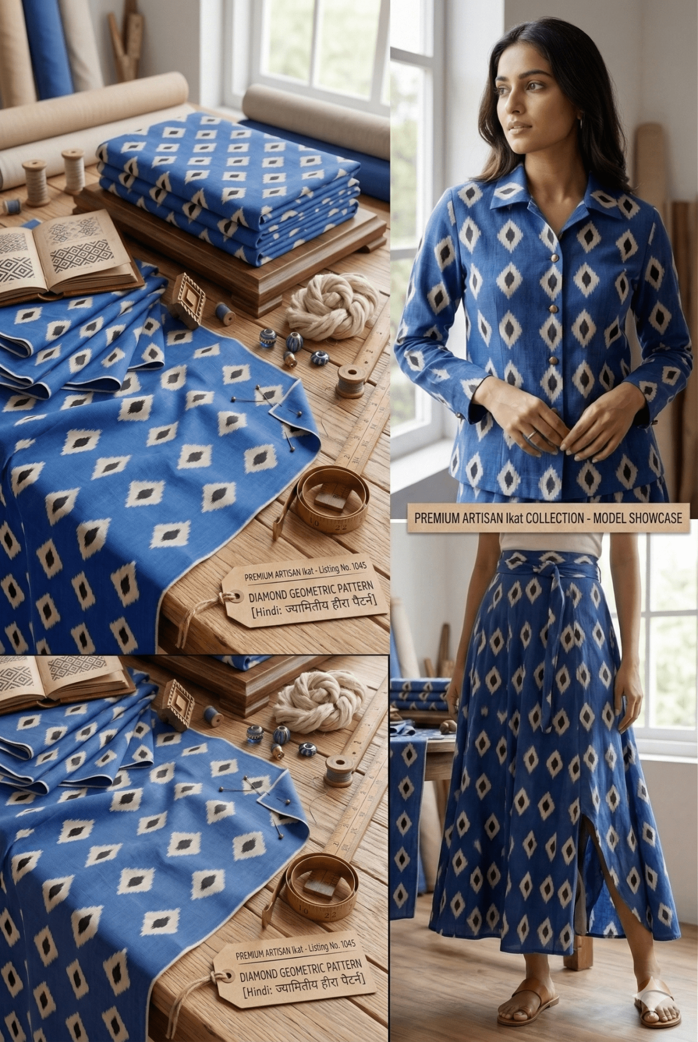 Premium Blue & White Diamond Ikat Cotton Fabric M03 – 54" Width | Artisan Crafted (Sold by Meter)