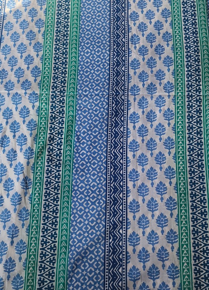 Premium Cotton Block Print Fabric Mo6 (56 Inch) – Indigo & Turquoise Floral Stripes