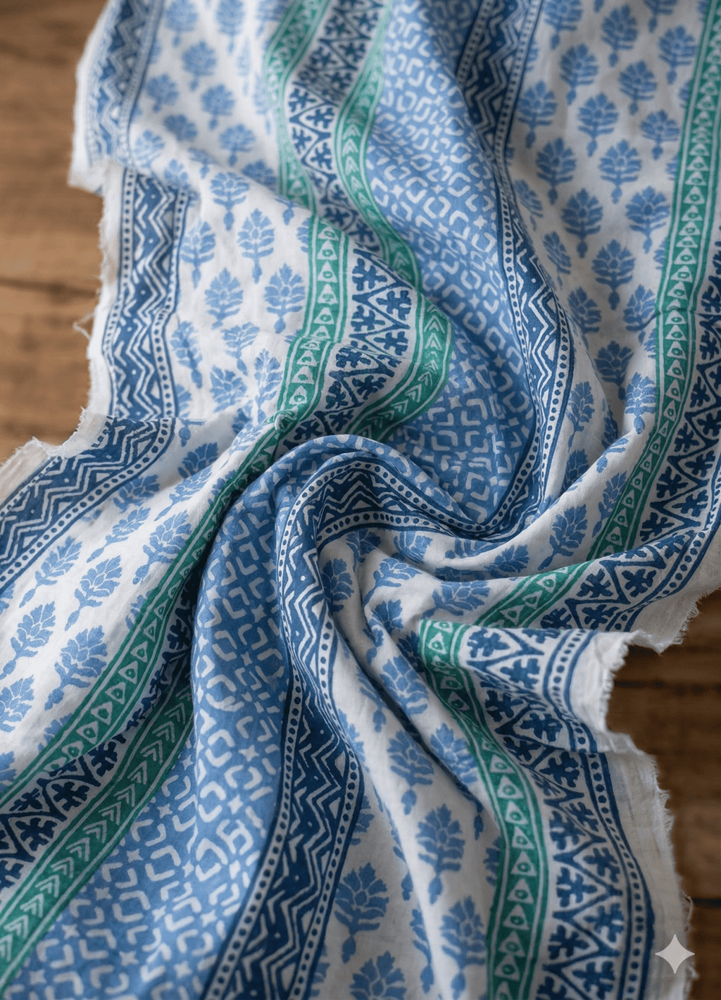 Premium Cotton Block Print Fabric Mo6 (56 Inch) – Indigo & Turquoise Floral Stripes