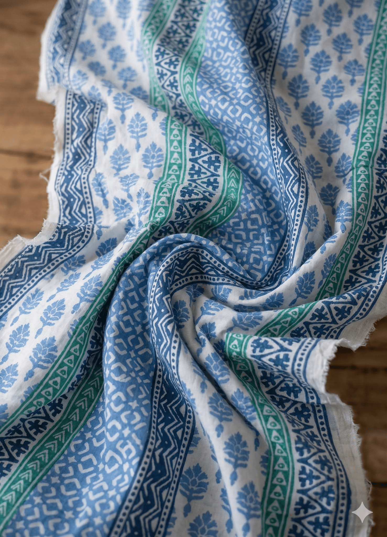 Premium Cotton Block Print Fabric Mo6 (56 Inch) – Indigo & Turquoise Floral Stripes
