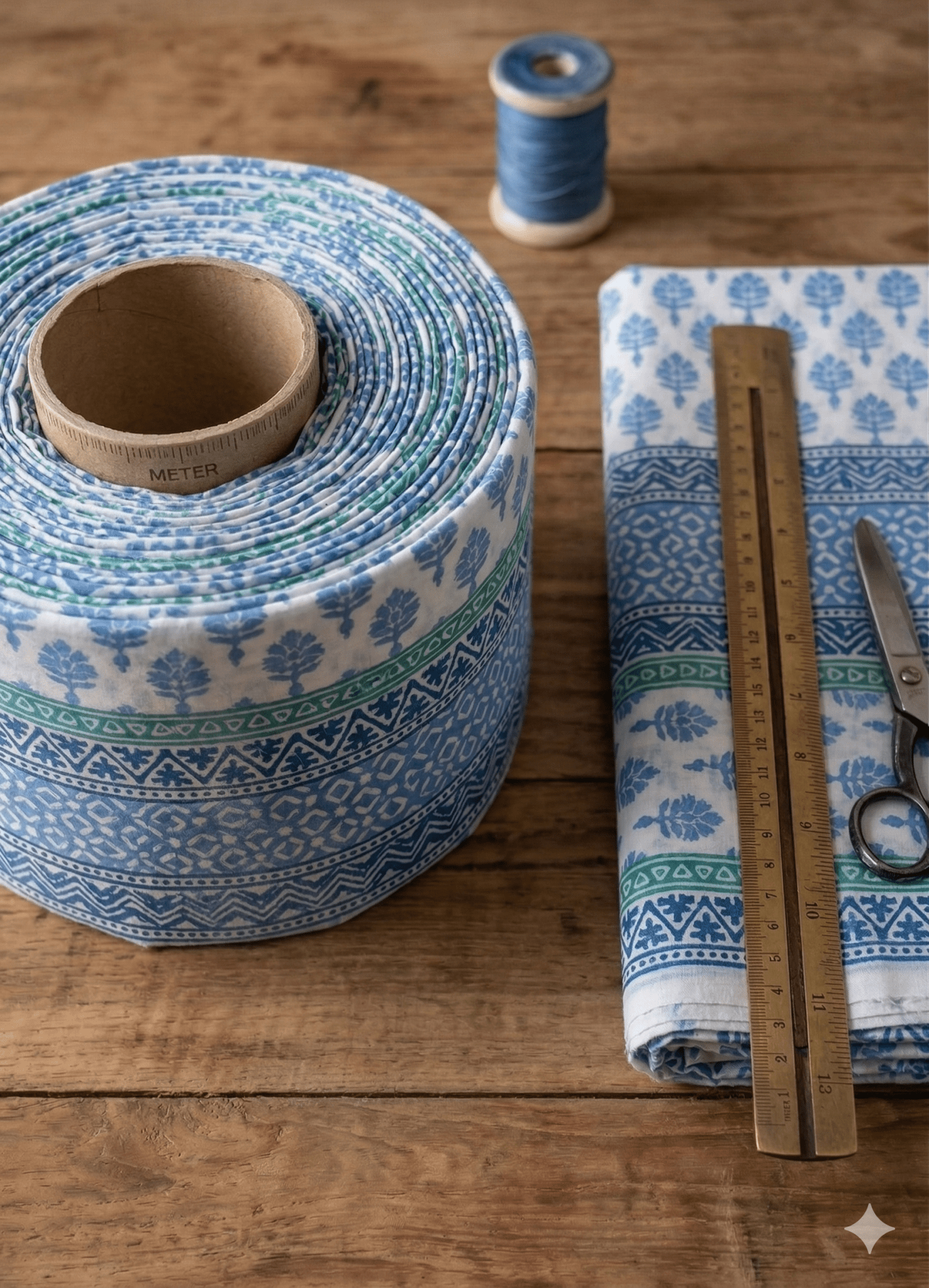 Premium Cotton Block Print Fabric Mo6 (56 Inch) – Indigo & Turquoise Floral Stripes