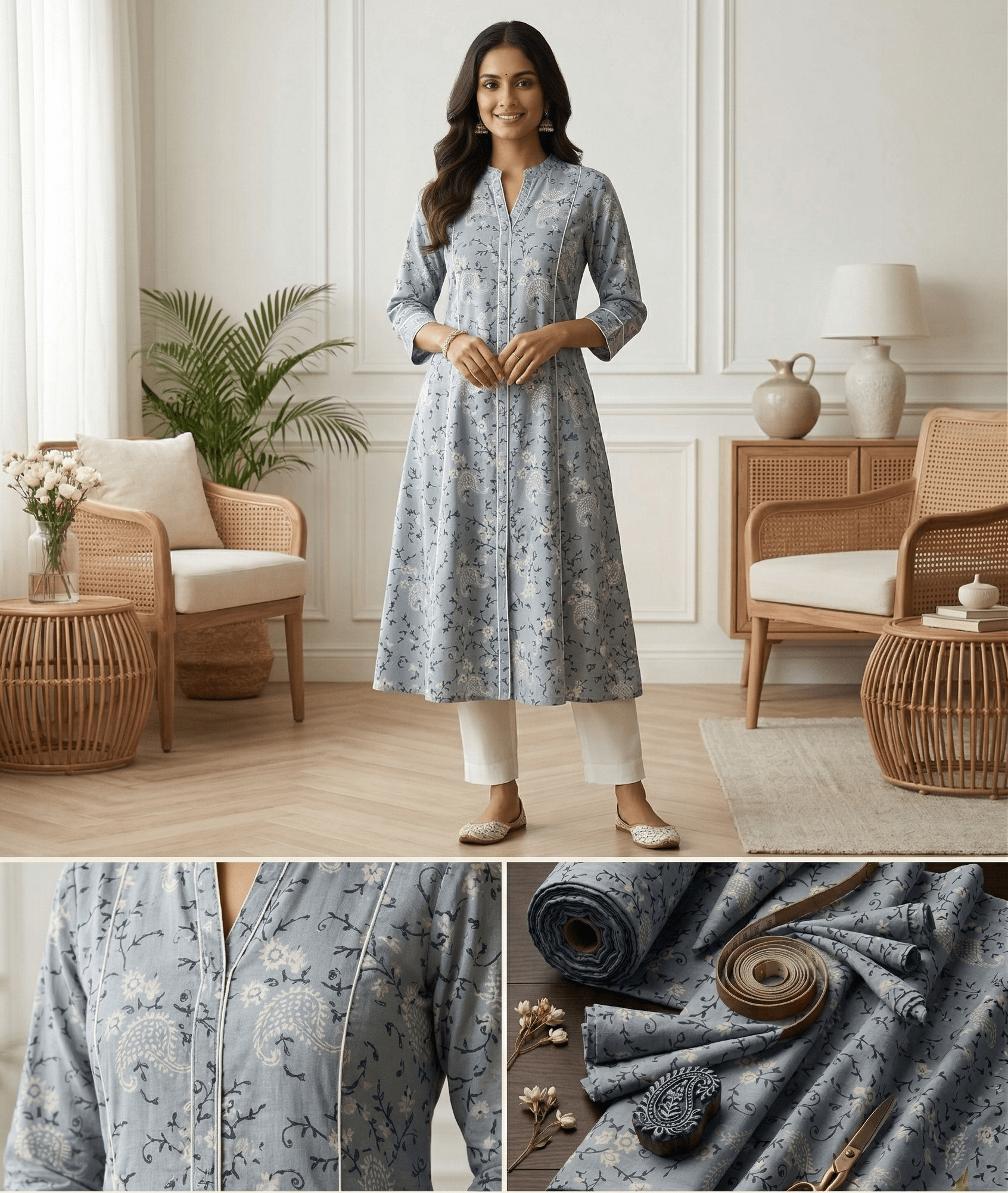 Premium Paisley Printed Kurti Fabric M04 (58-Inch Pana)