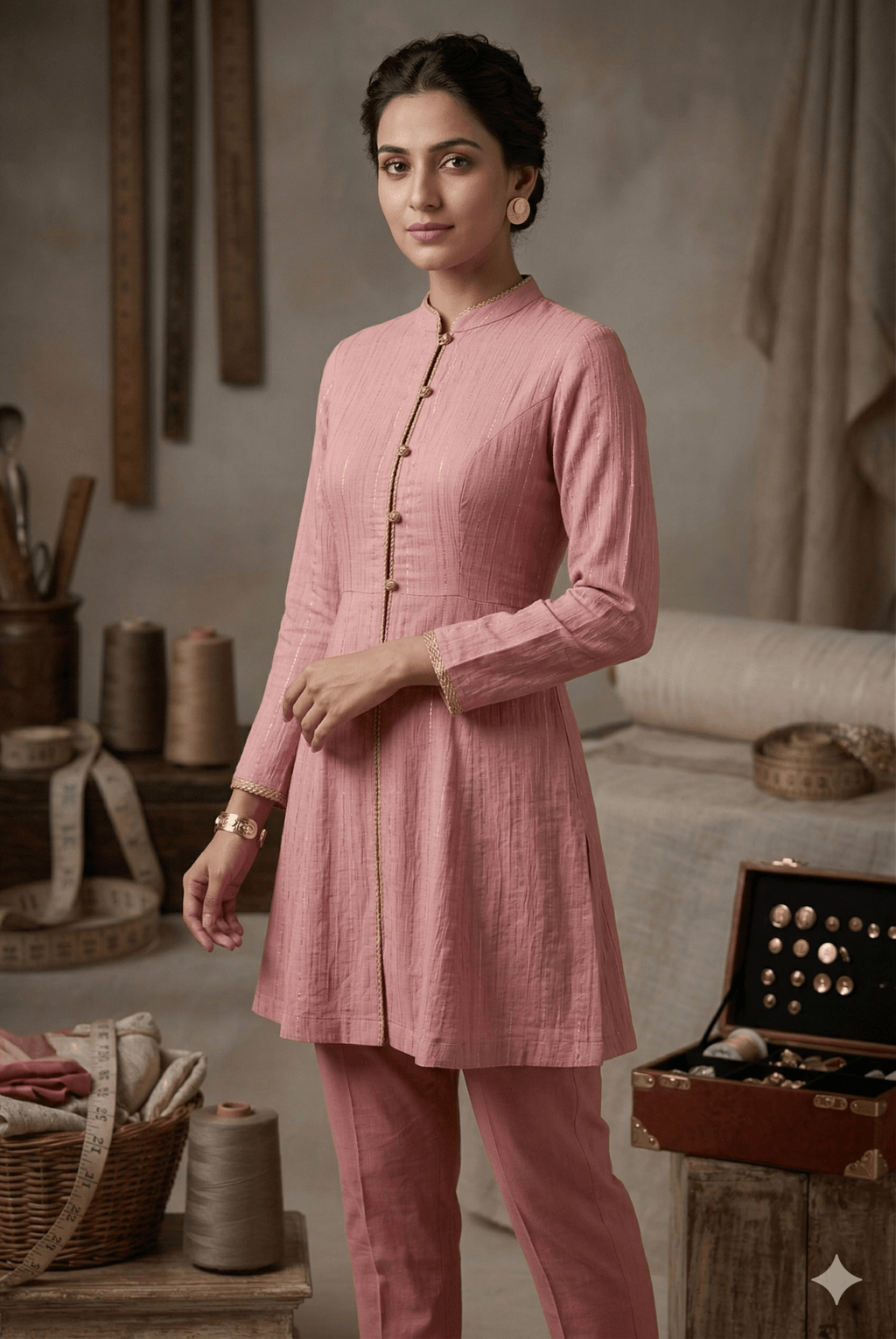 Premium Slub Cotton Fabric M07 (44 Inch (Standard Pana).) – Rose Pink with Golden Pinstripes