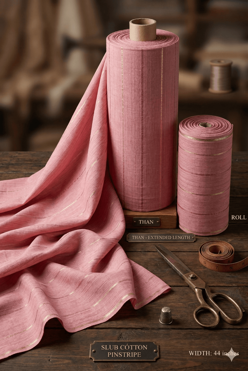 Premium Slub Cotton Fabric M07 (44 Inch (Standard Pana).) – Rose Pink with Golden Pinstripes