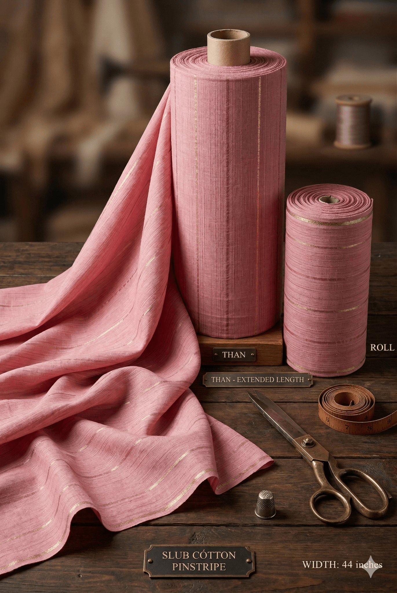 Premium Slub Cotton Fabric M07 (44 Inch (Standard Pana).) – Rose Pink with Golden Pinstripes