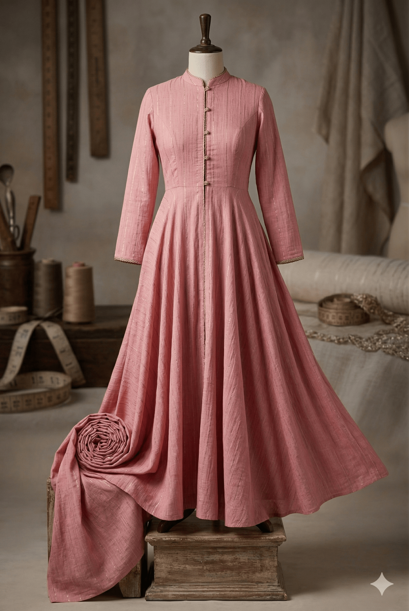 Premium Slub Cotton Fabric M07 (44 Inch (Standard Pana).) – Rose Pink with Golden Pinstripes