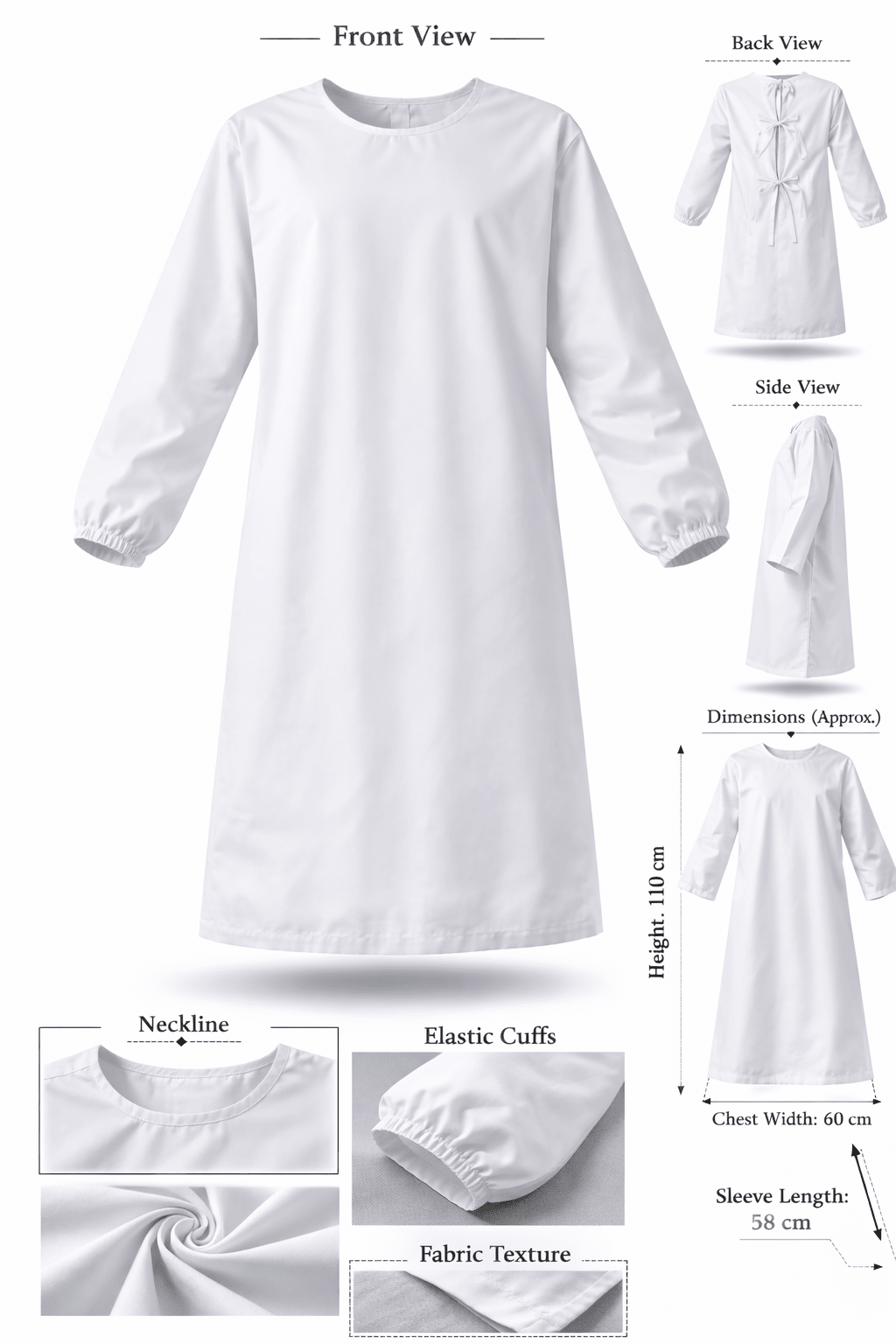 White Reusable Medical Gown (Elastic Cuffs)